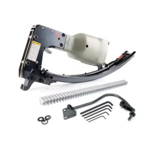 "Industrial pneumatic clip tool with attached C-ring clips"