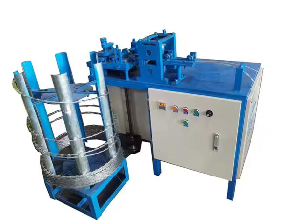 Concertina razor wire coiling machine operating in a factory