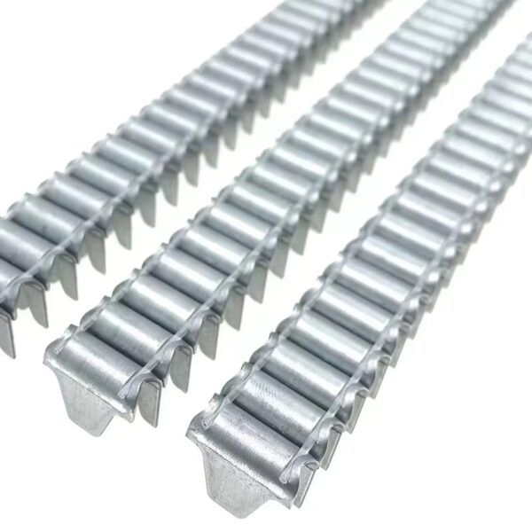 Close-up of galvanized clinch clip on razor wire